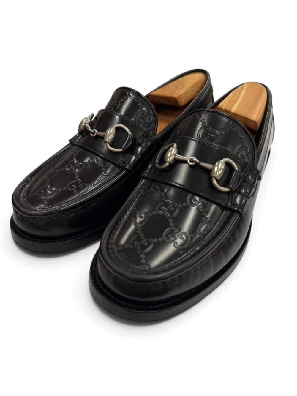 Gucci Horsebit GG Pattern Leather Shoes Loafers Black Silver 5
